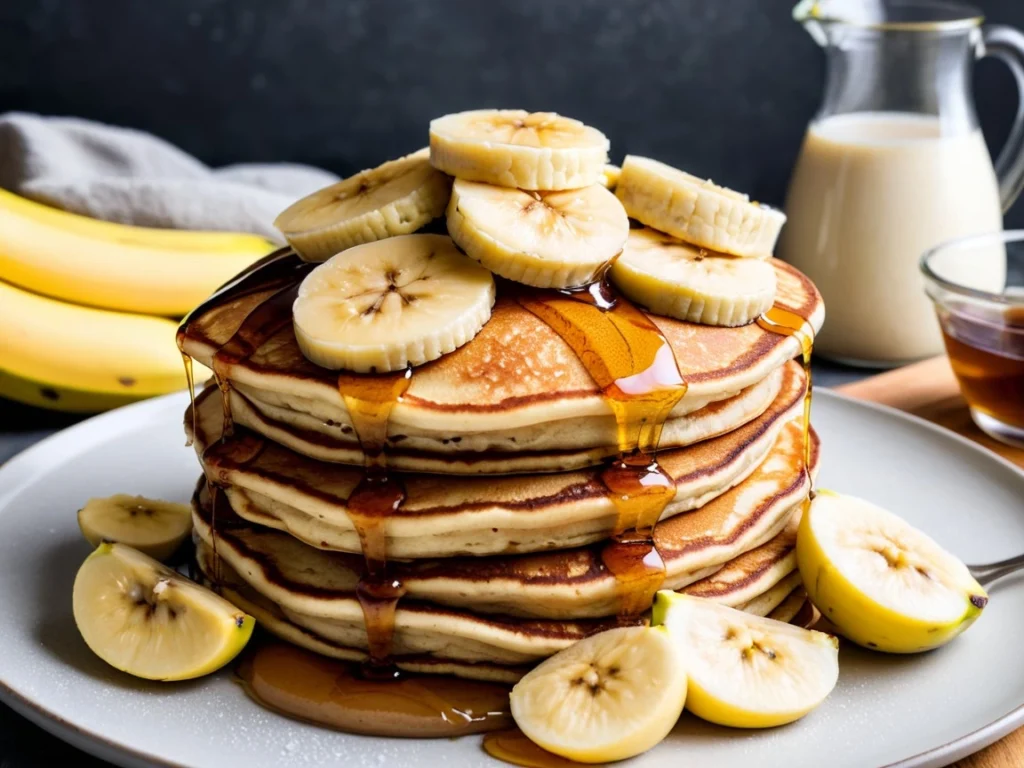 A stack of fluffy banana pancakes topped with sliced bananas and maple syrup