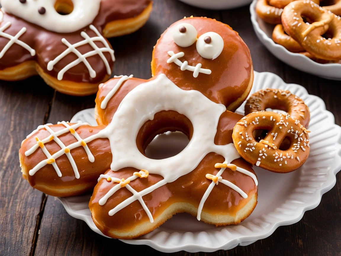 A Voodoo Doll-shaped donut with chocolate frosting, red jelly filling, and a pretzel stick as a 'pin