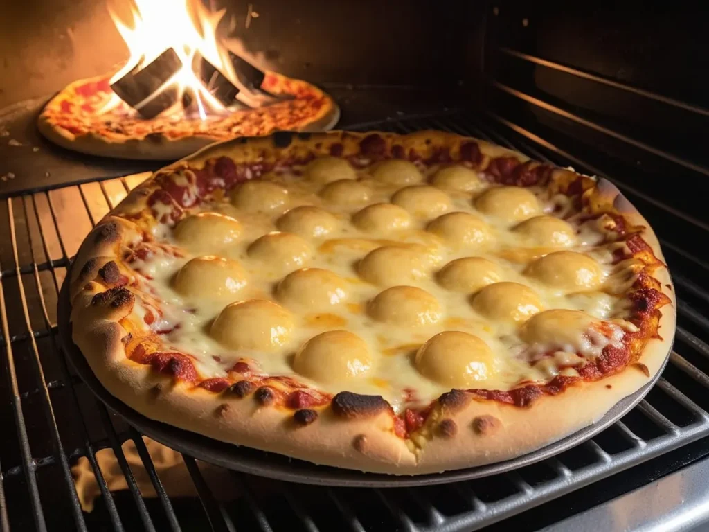 A pizza baking in the oven, with melted cheese and crispy edges visible