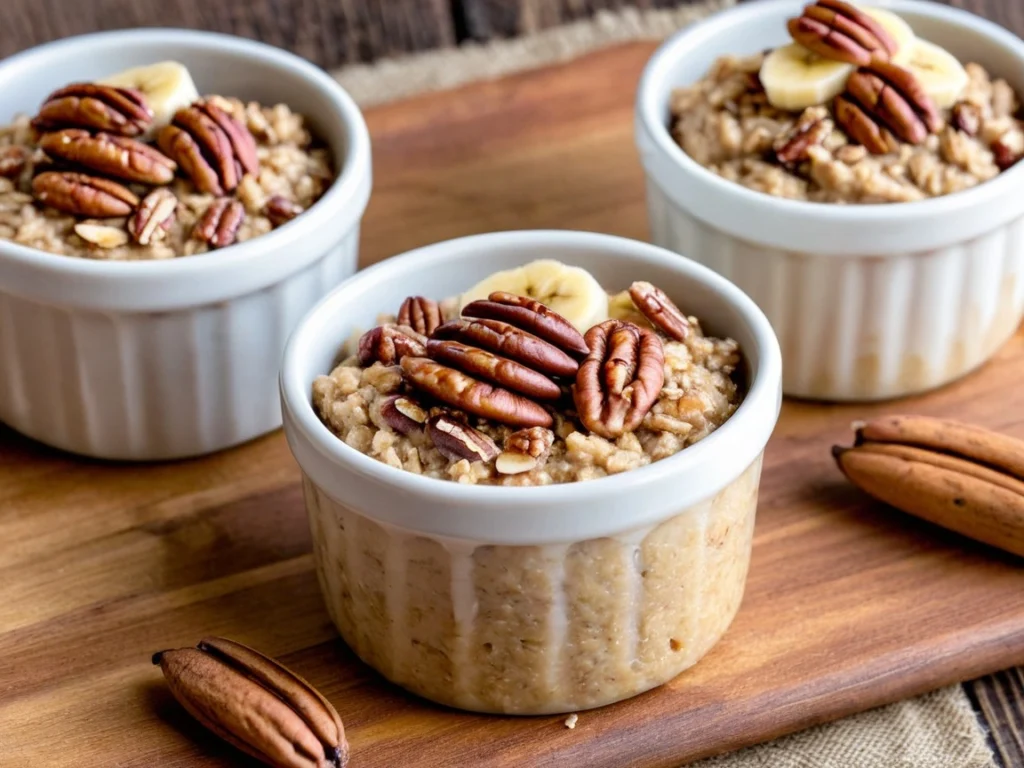 Individual ramekins of baked oatmeal topped with banana slices and pecans