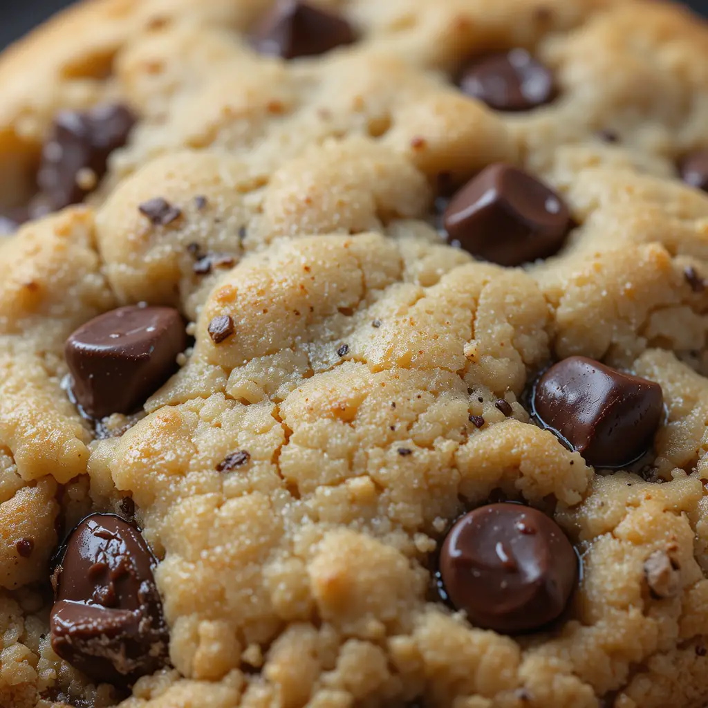 Close-up of a chocolate chip cookie with melted chocolate chunks