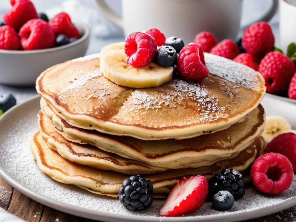 Close-up of fluffy banana pancakes with fresh berries and powdered sugar