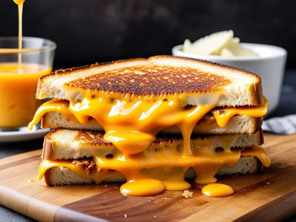 A grilled cheese sandwich with melted cheddar oozing out of the golden, crispy bread