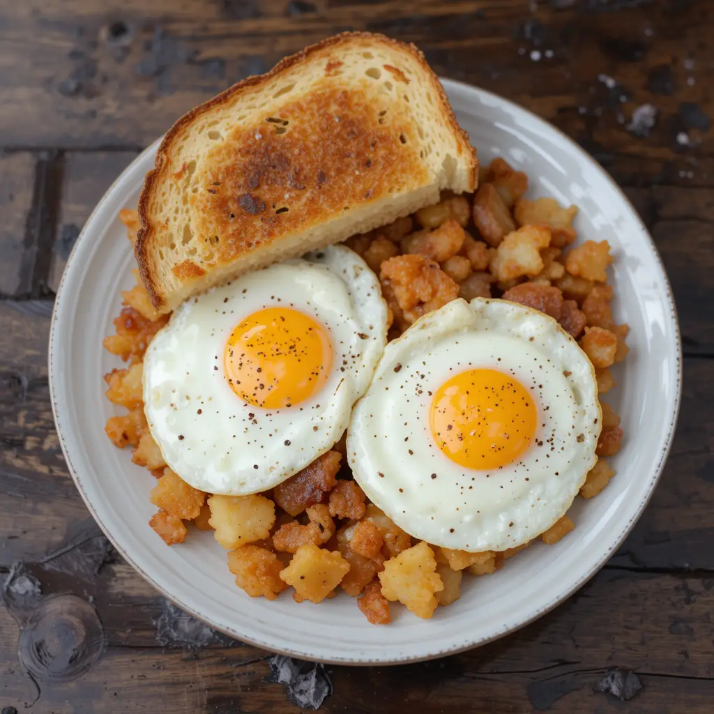 Crispy homemade hash browns served with fried eggs and toast on a plate