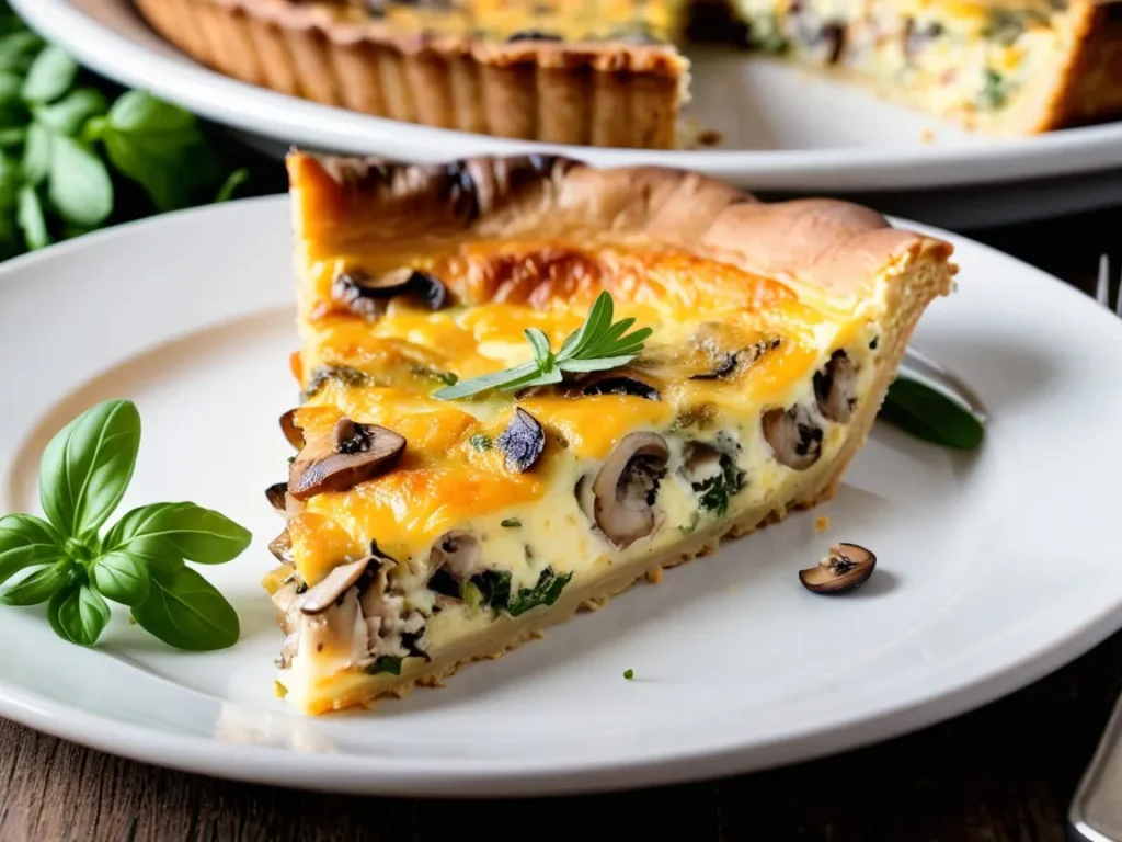 Close-up of a slice of crustless quiche on a plate with mushrooms, cheese, and herbs