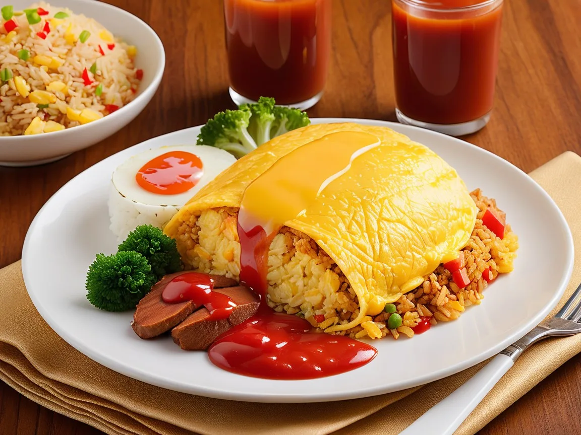 A perfectly cooked omurice with a golden omelet wrapping flavorful fried rice, garnished with ketchup