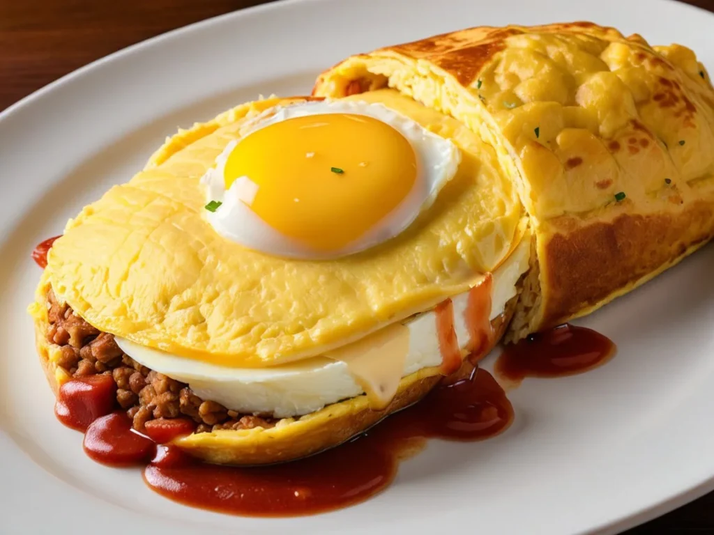 Omurice with a soft and silky omelet, sliced open to reveal the rice inside