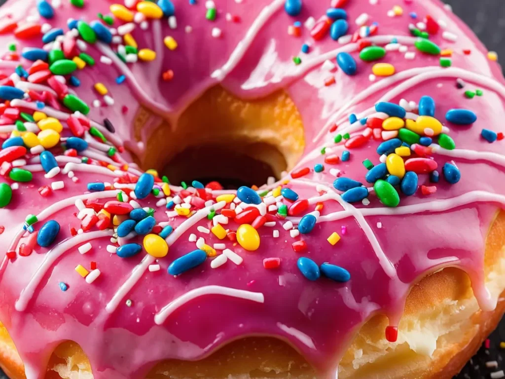 Close-up of a freshly glazed LaMar’s Donut with sprinkles