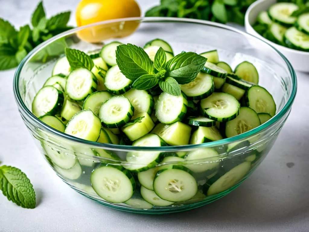 Cucumber salad served in a glass bowl with a garnish of mint leaves