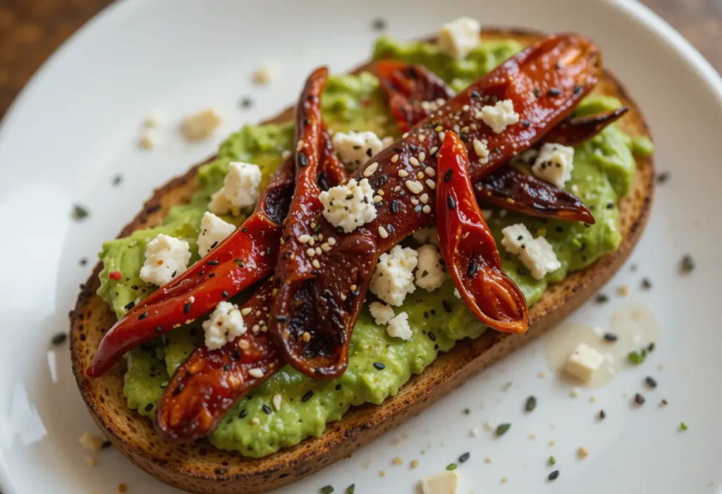 A slice of avocado toast with roasted red peppers, feta cheese, and a sprinkle of black sesame seeds