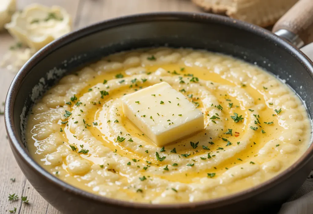 A bowl of creamy cheese grits garnished with fresh herbs and a pat of butter