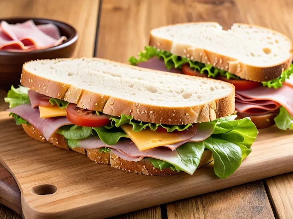 A freshly made sandwich with ham, lettuce, and cheese on a wooden cutting board