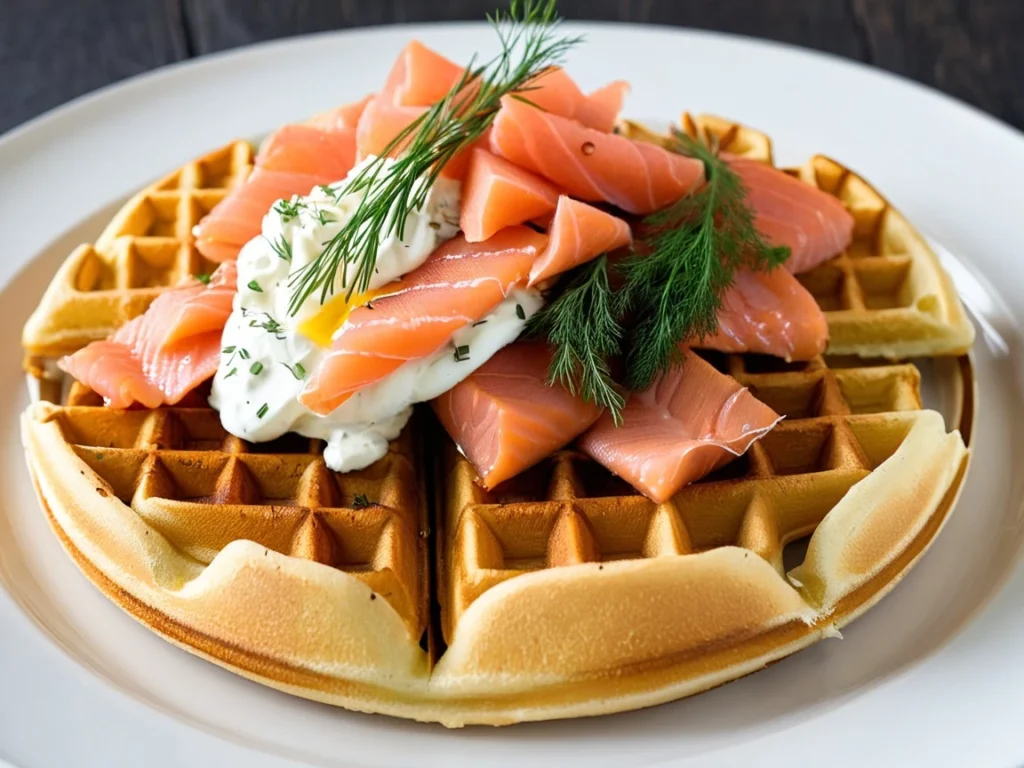 Savory waffles topped with smoked salmon, cream cheese, and dill