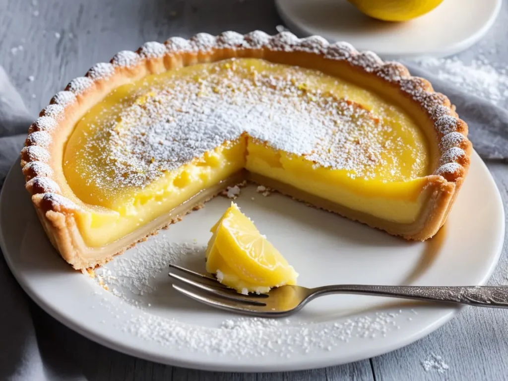 Lemon tart with a creamy filling and a sprinkle of powdered sugar