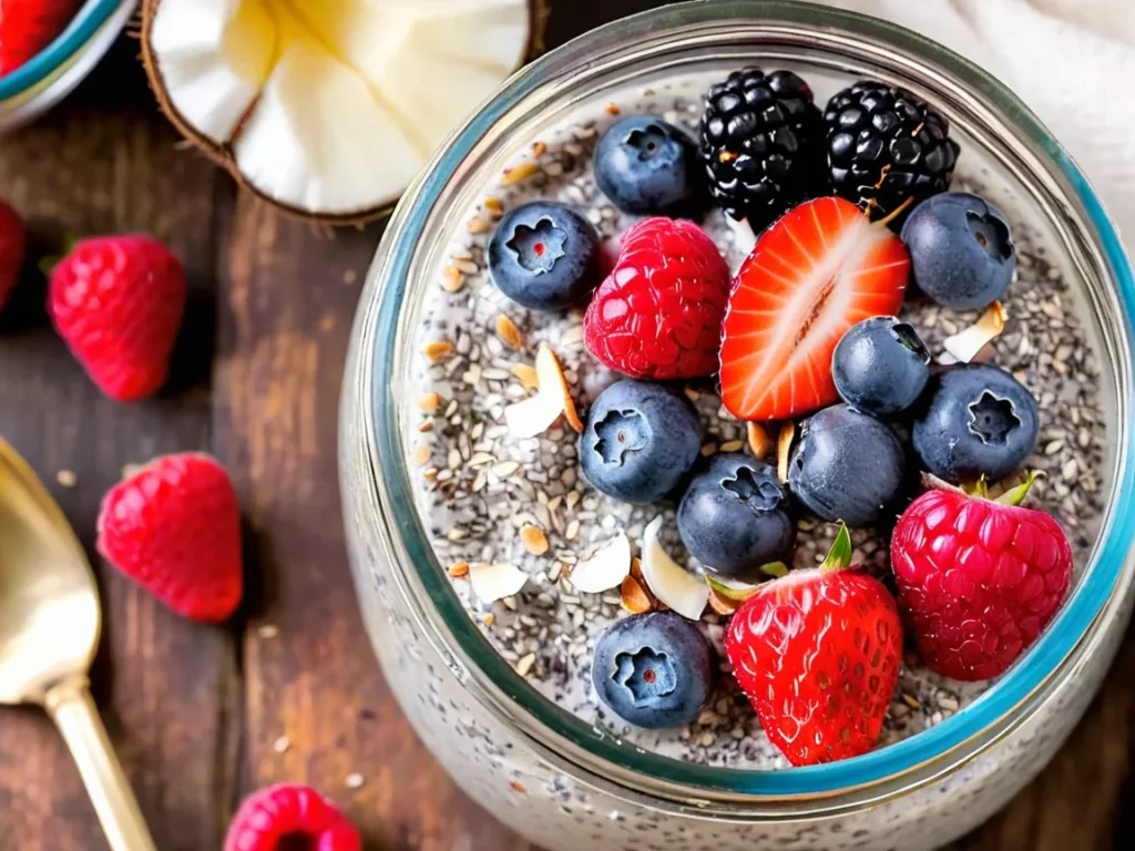 A glass jar of chia seed pudding topped with fresh berries, coconut flakes, and a sprinkle of chia seeds