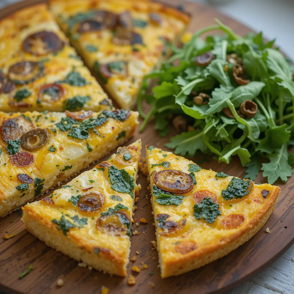 A frittata served in slices on a wooden board with a side of fresh arugula salad