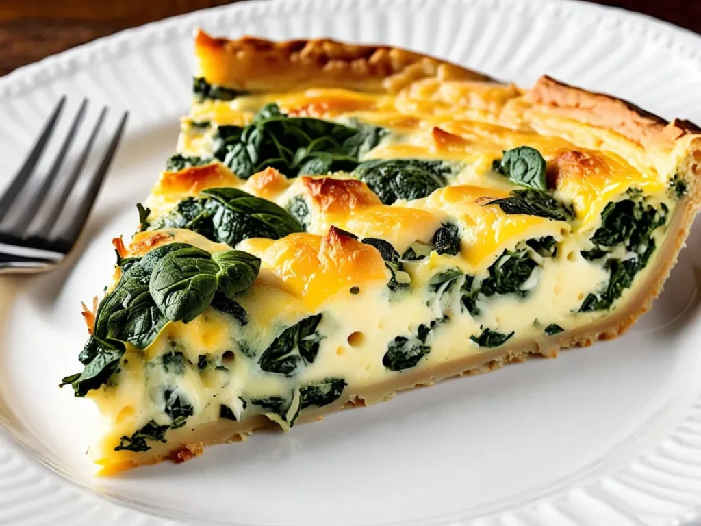 A slice of crustless quiche with spinach, cheese, and a golden, flaky top