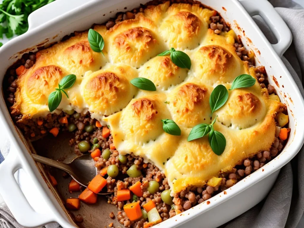 Vegetarian Shepherd’s pie in a baking dish, fresh from the oven, with crispy potato topping