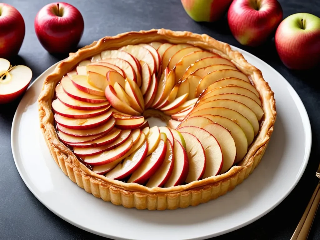 Elegant puff pastry apple tart with intricately arranged apple slices and a caramel glaze