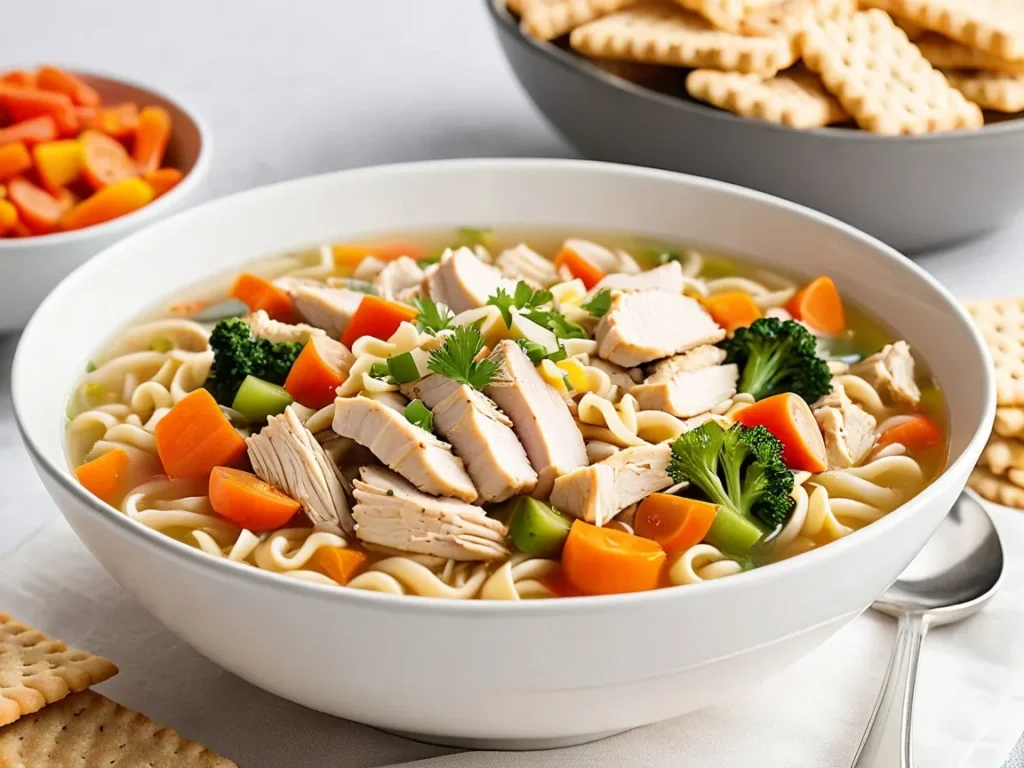 A bowl of chicken noodle soup with tender chicken, vegetables, and noodles