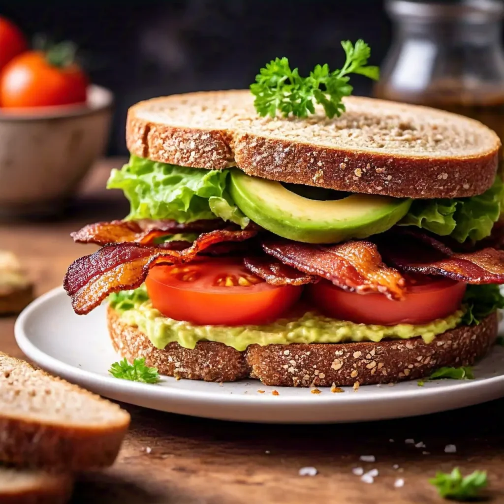 A delicious sandwich with layers of fresh lettuce, juicy tomato slices, crisp bacon, and creamy avocado, served on toasted bread