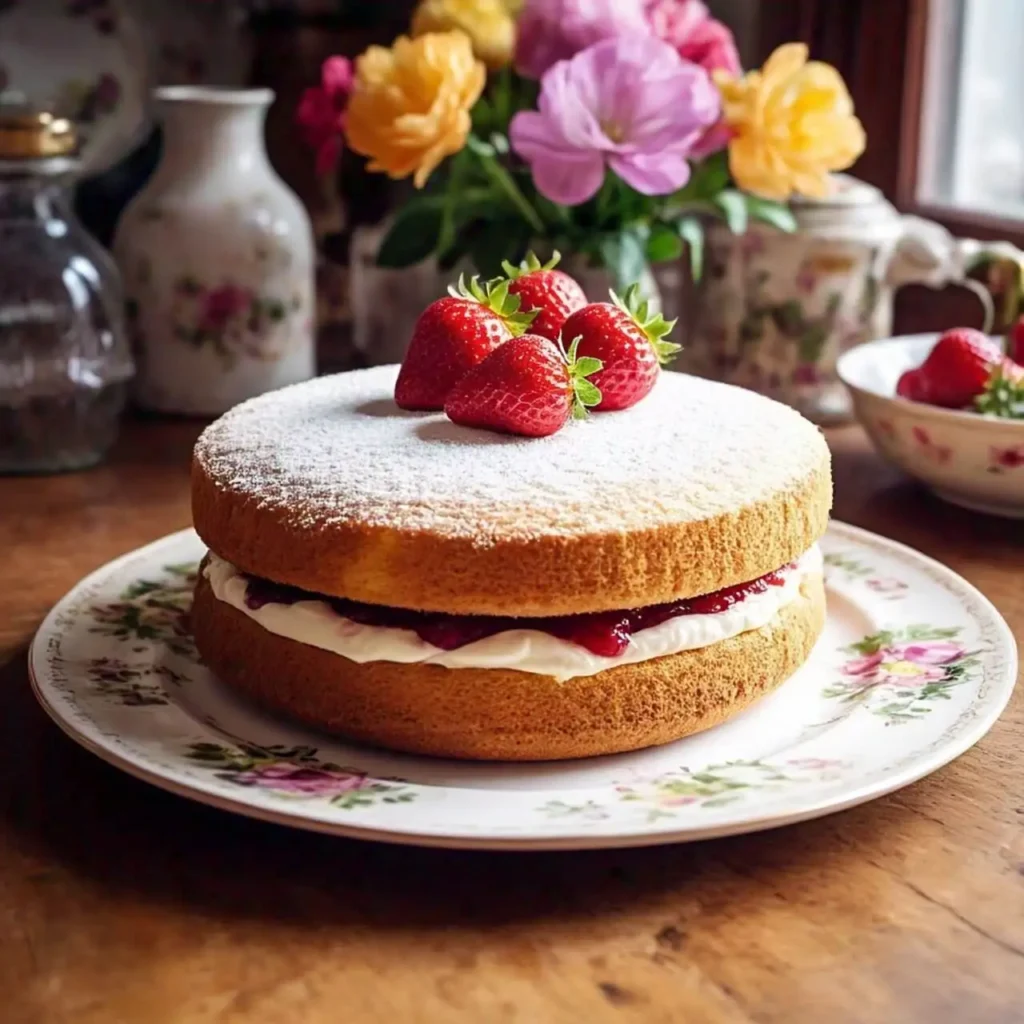 Classic Victoria Sponge Cake topped with a dusting of powdered sugar, layered with fresh cream and strawberry jam, served on a vintage floral plate