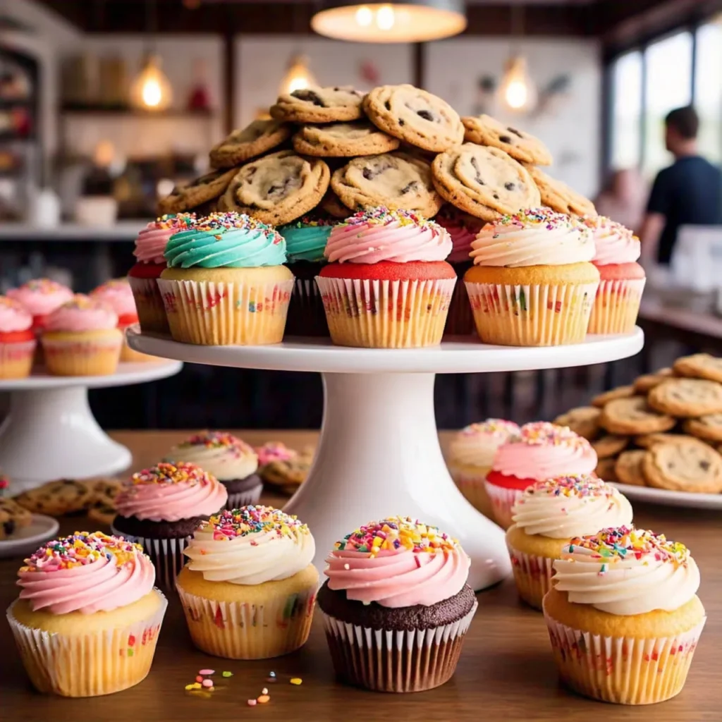 A close-up image of cupcakes topped with colorful sprinkles, resembling miniature cookies, showcasing their vibrant texture