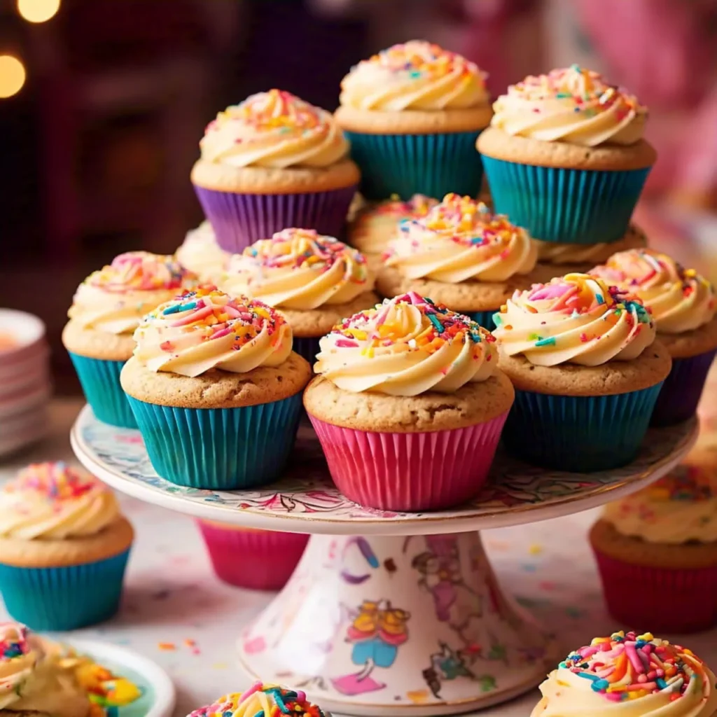 Delicious cookie-flavored cupcakes topped with creamy frosting and sprinkled with colorful toppings, creating a sweet and playful dessert