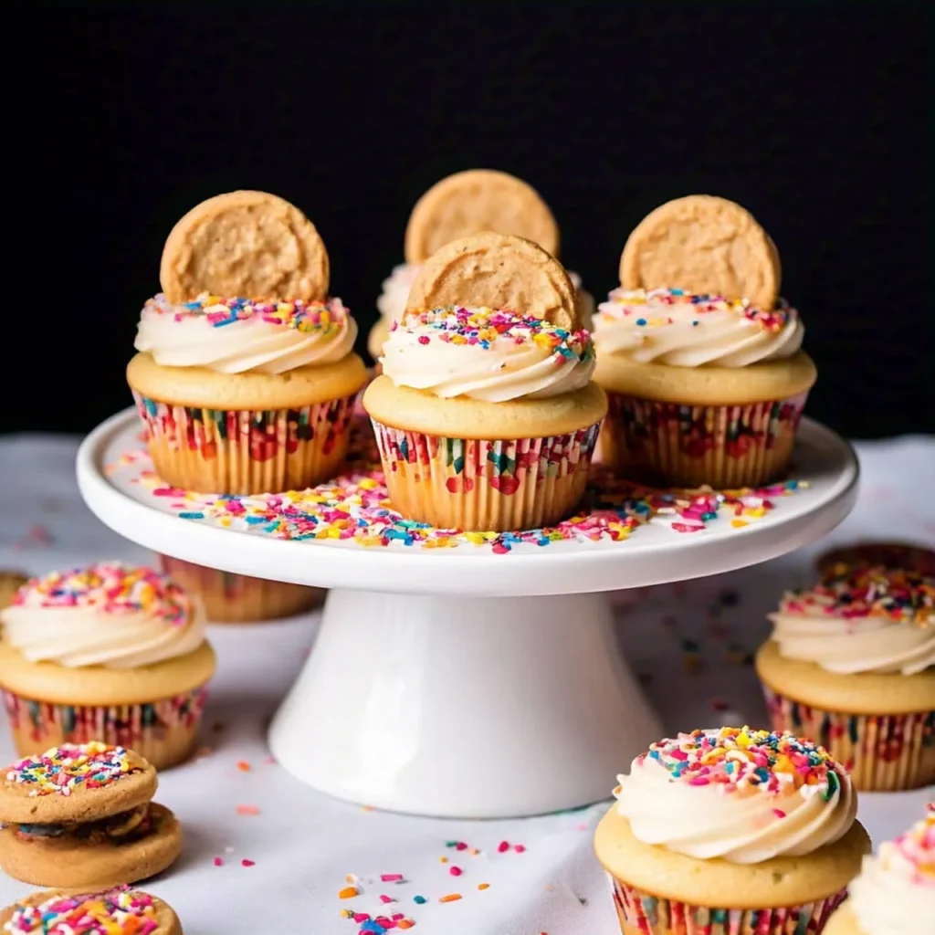 Frosted cupcakes decorated with a variety of sprinkles, giving them a fun, cookie-inspired look