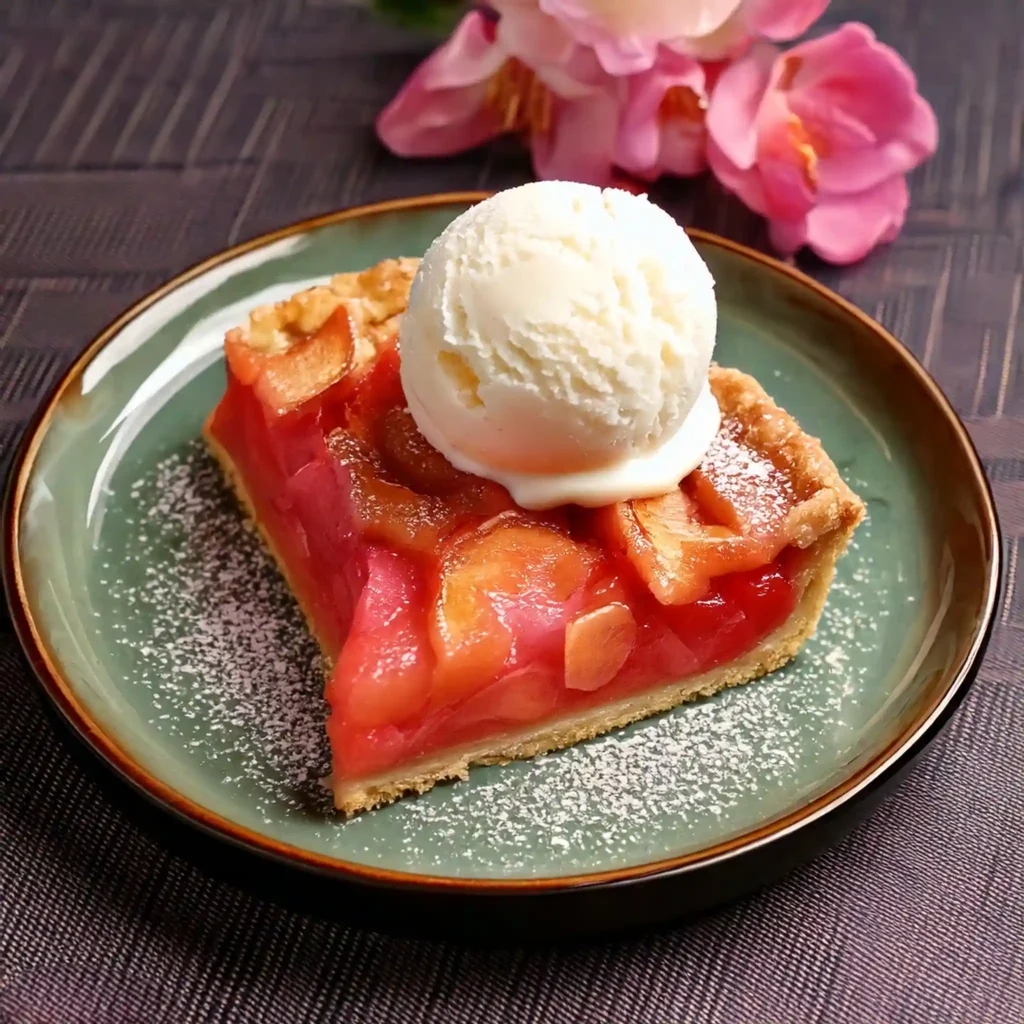 A slice of rose apple tart with a scoop of vanilla ice cream, ready to be served