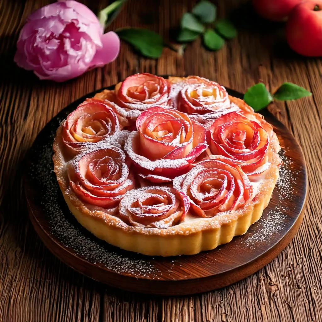 A freshly baked rose apple tart served on a rustic wooden table, garnished with powdered sugar