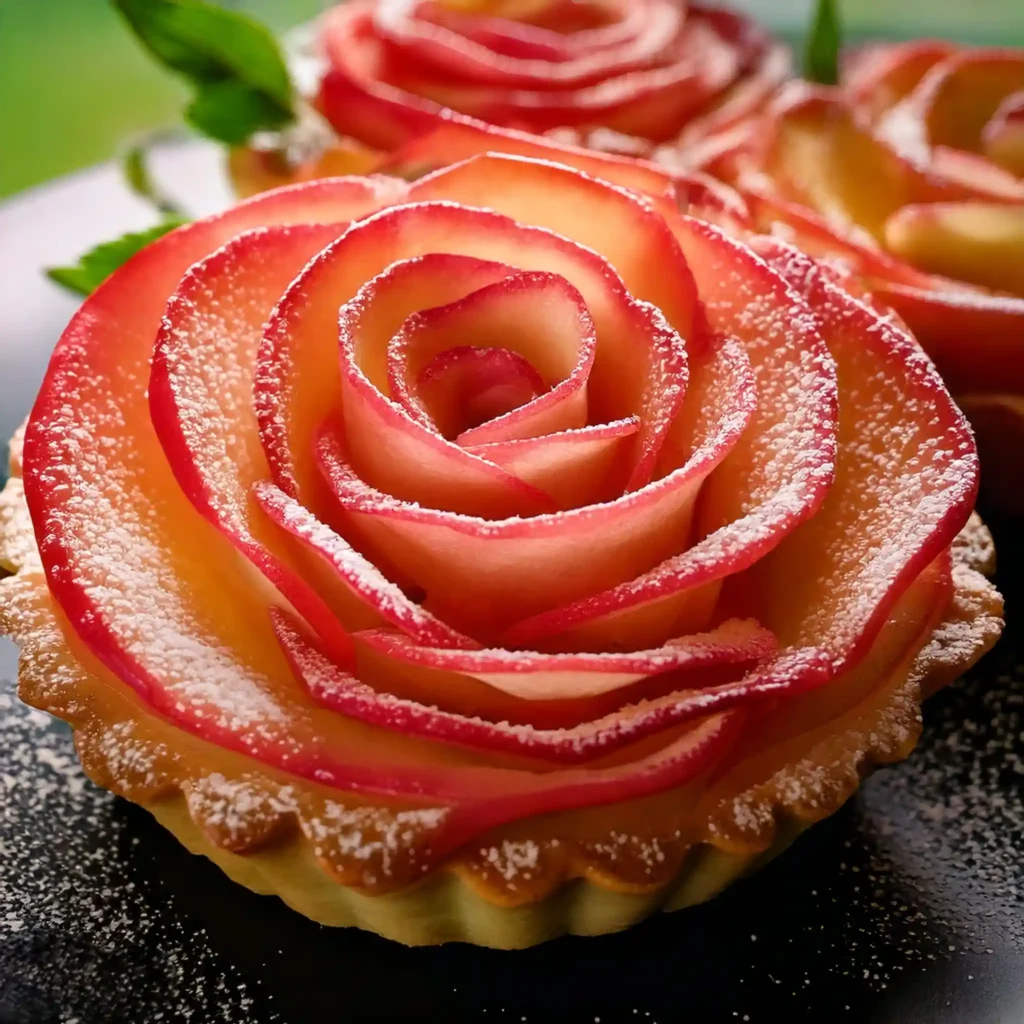 Close-up view of a rose apple tart highlighting the intricate apple rose design