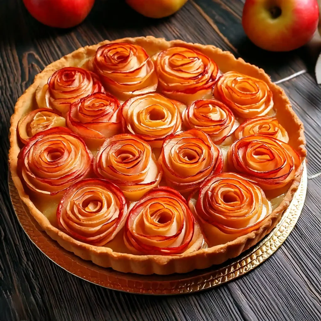 A beautifully baked rose apple tart, featuring delicate apple roses arranged on a golden-brown crust