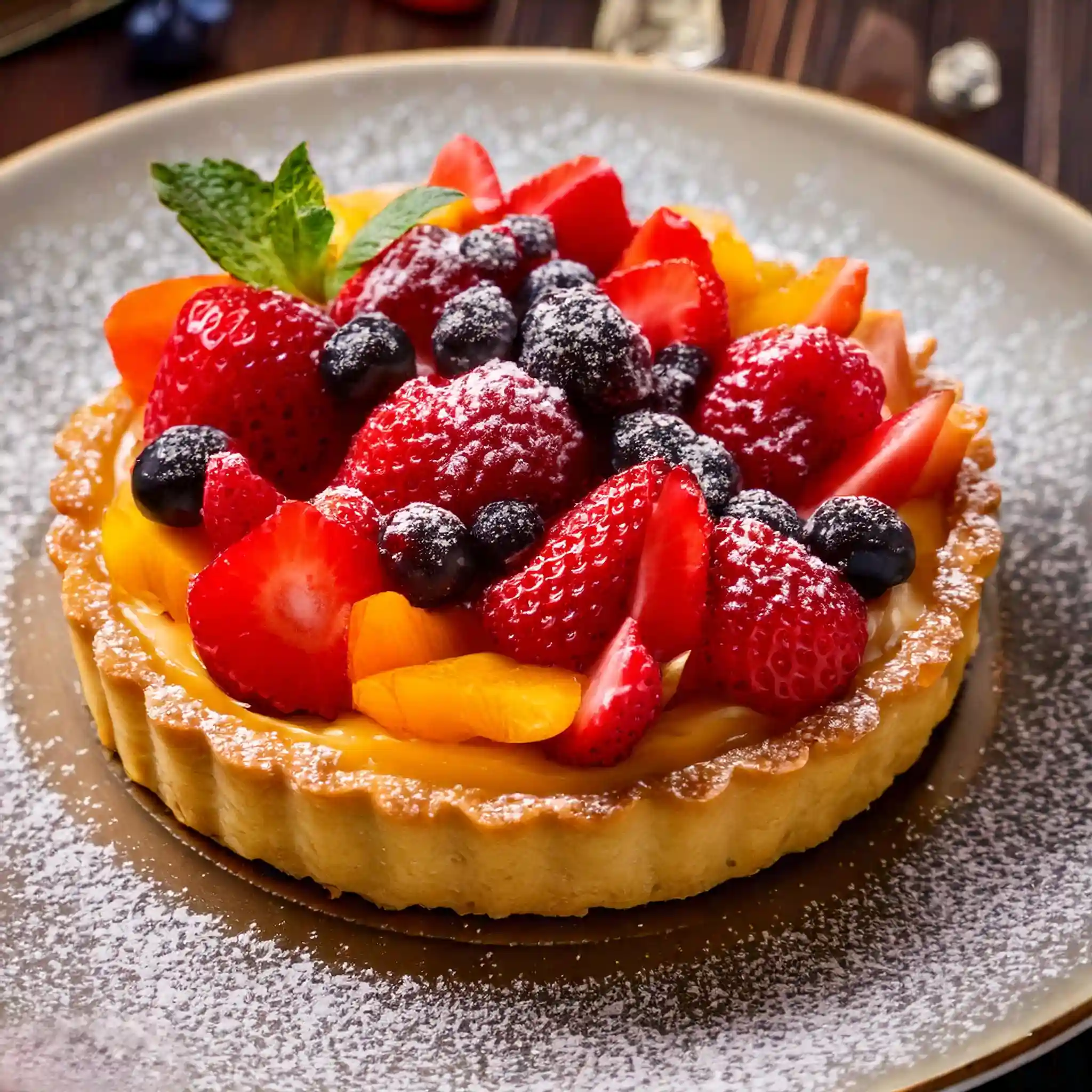 A beautifully plated fruit tart garnished with fresh berries and powdered sugar