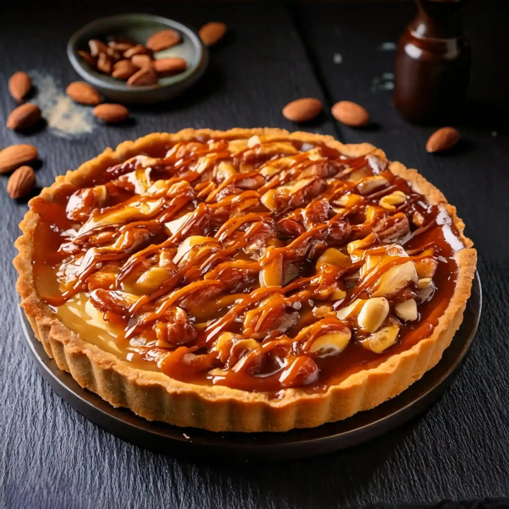 Nut-based tart with caramel drizzle and toasted nuts