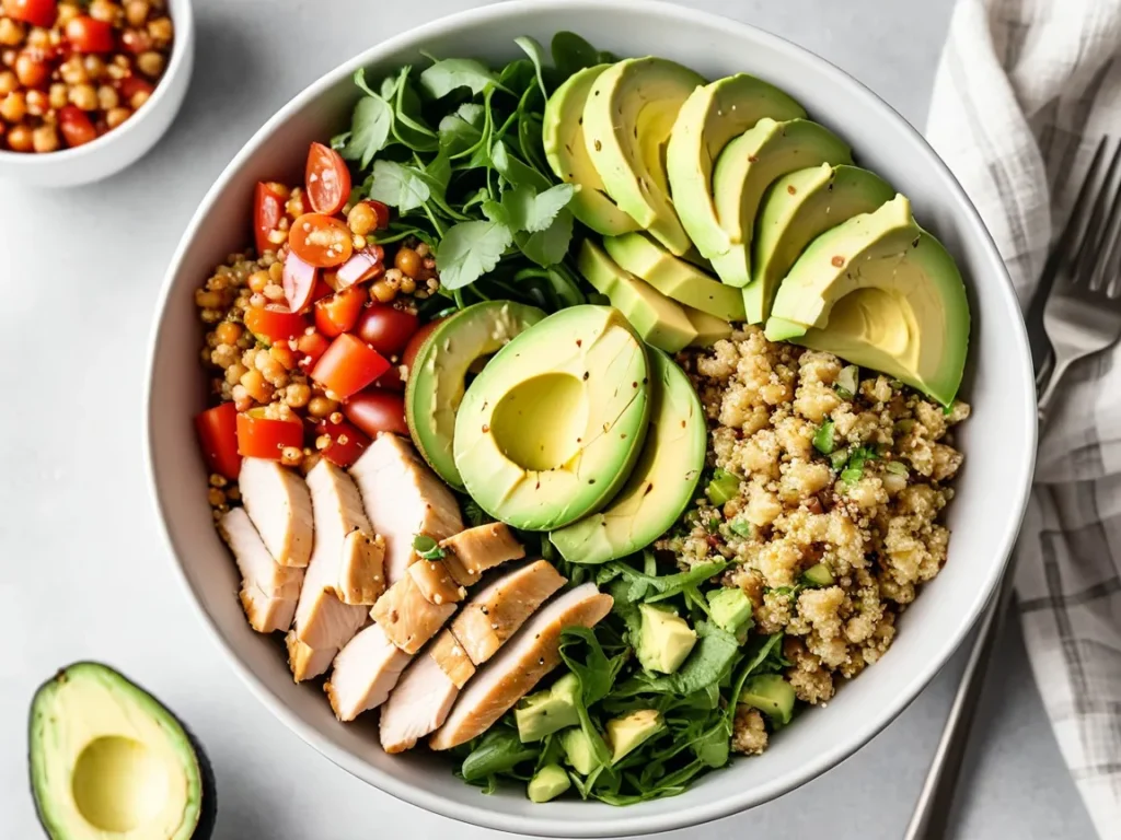 Chopt Salad bowl topped with chicken, quinoa, and avocado slices