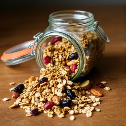 Tray of baked granola with oats, nuts, and a drizzle of maple syrup