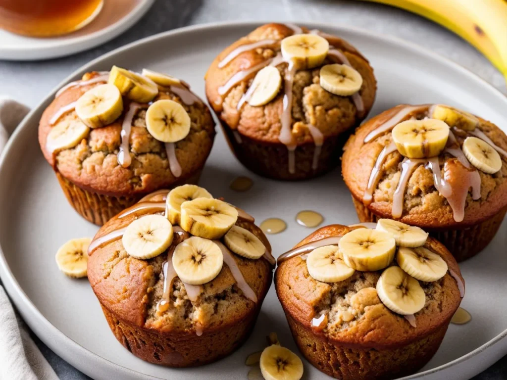 Vegan banana muffins served on a plate, garnished with sliced bananas and a drizzle of maple syrup