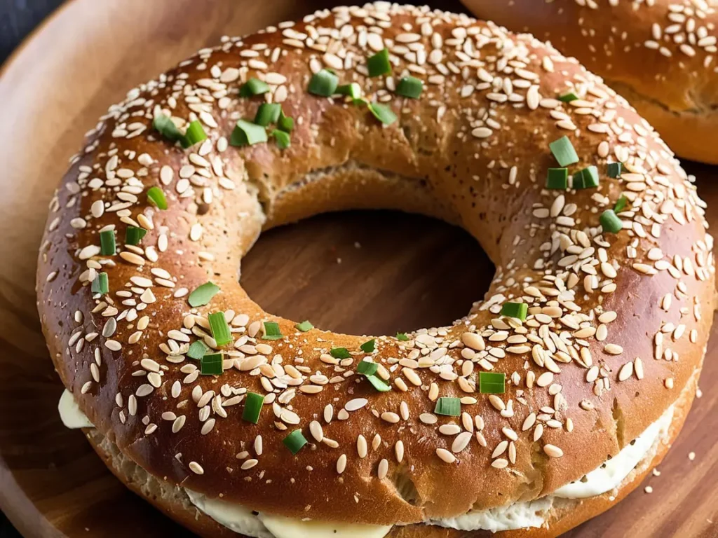 A freshly baked whole wheat bagel with seeds and grains on a wooden board