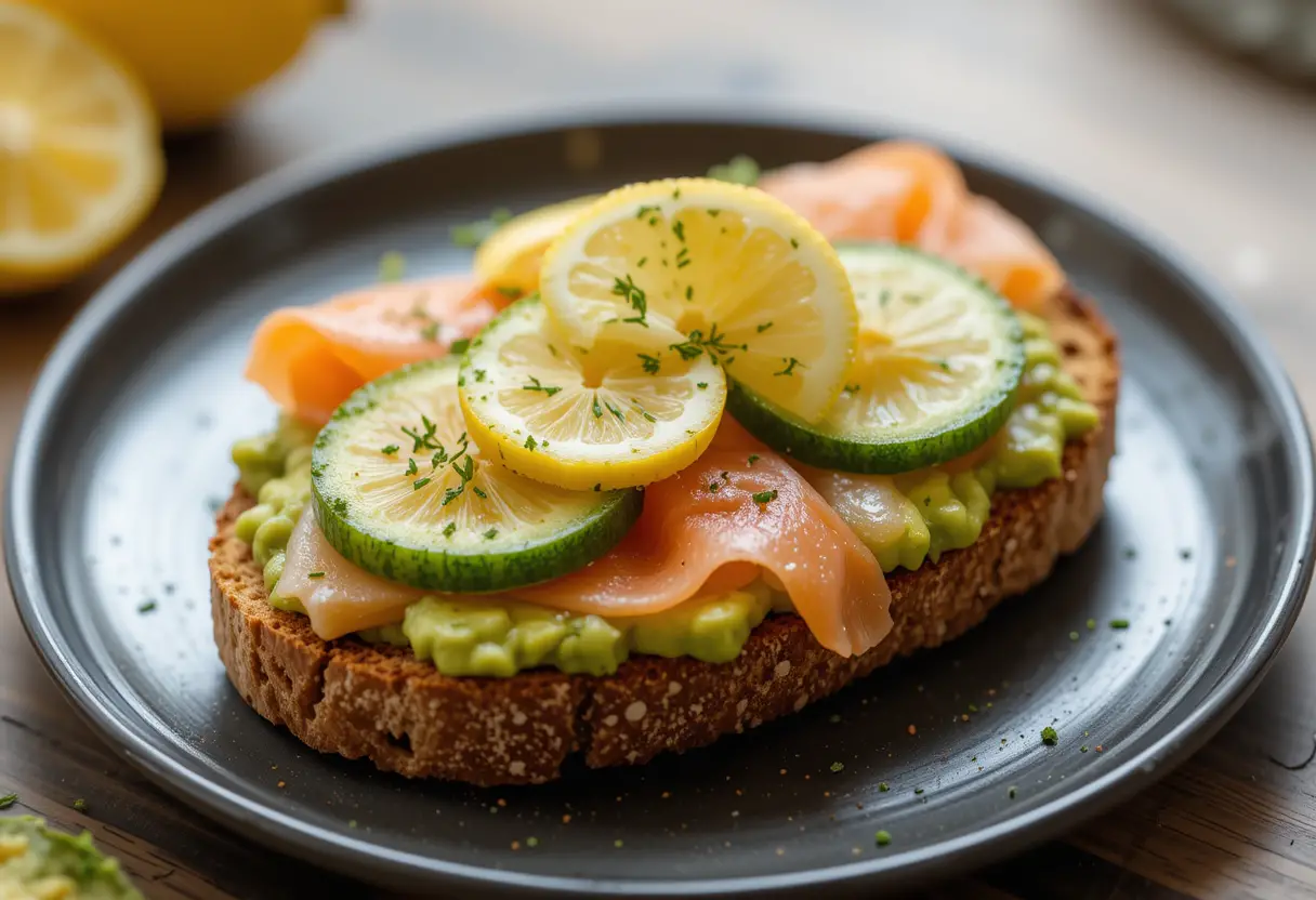 A slice of avocado toast topped with smoked salmon, cucumber, and a squeeze of lemon