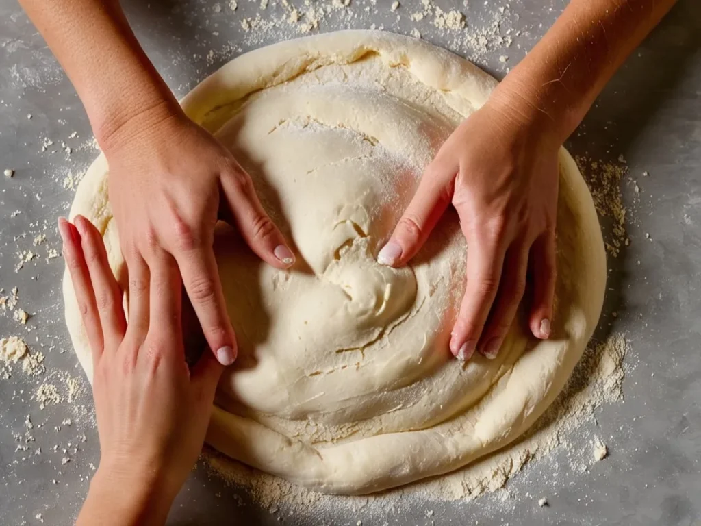 A pair of hands kneading pizza dough on a floured surface