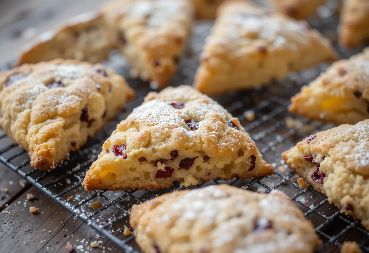 Freshly baked orange cranberry scones on a cooling rack with a sprinkle of powdered sugar