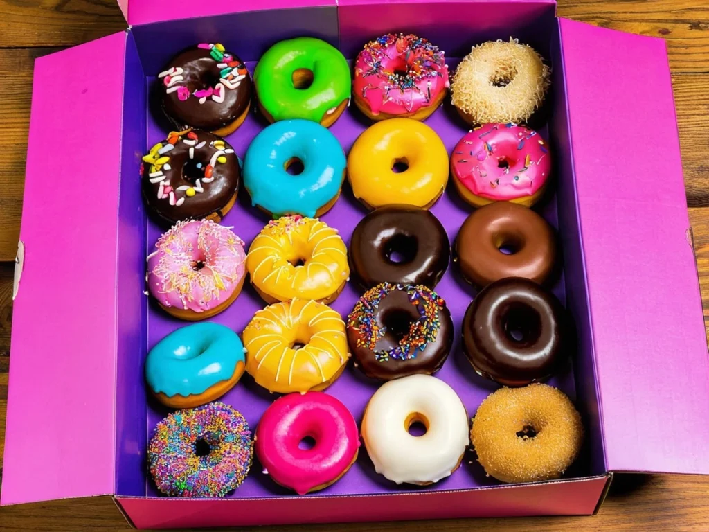 A vibrant box of assorted Voodoo Donuts, including donuts with sprinkles, bacon, and unique designs