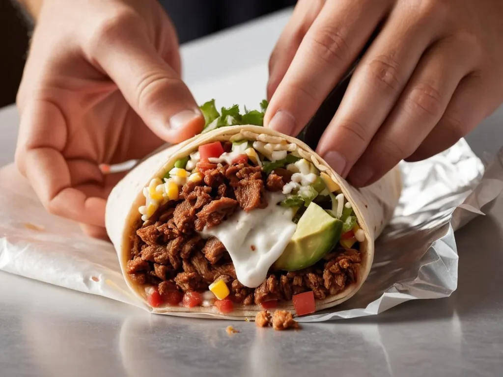 Close-up of a Chipotle burrito being unwrapped to reveal its contents