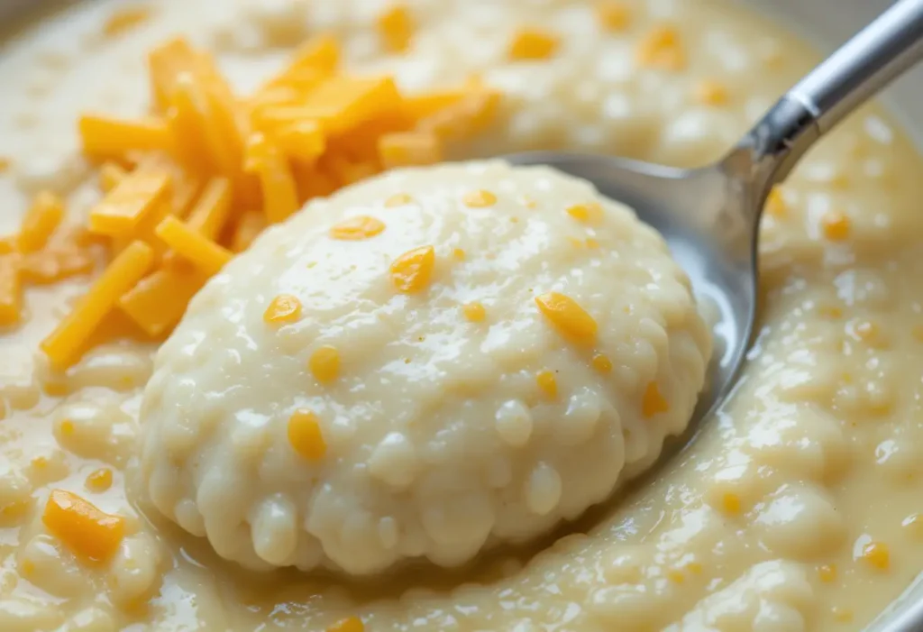 Close-up of creamy cheese grits with melted cheese on top and a spoon