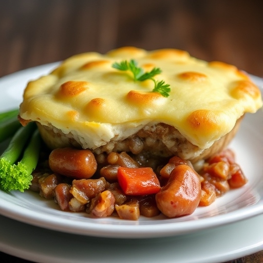 Shepherd’s Pie garnished with parsley, served on a rustic wooden table with a side of green beans