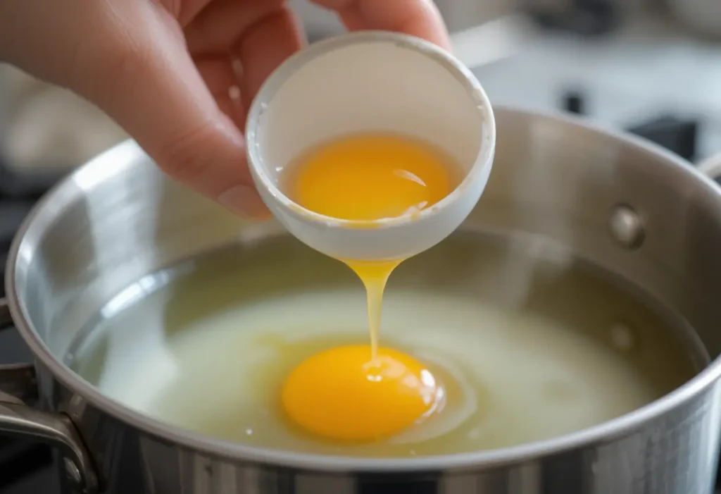 An egg being gently lowered into simmering water using a small bowl