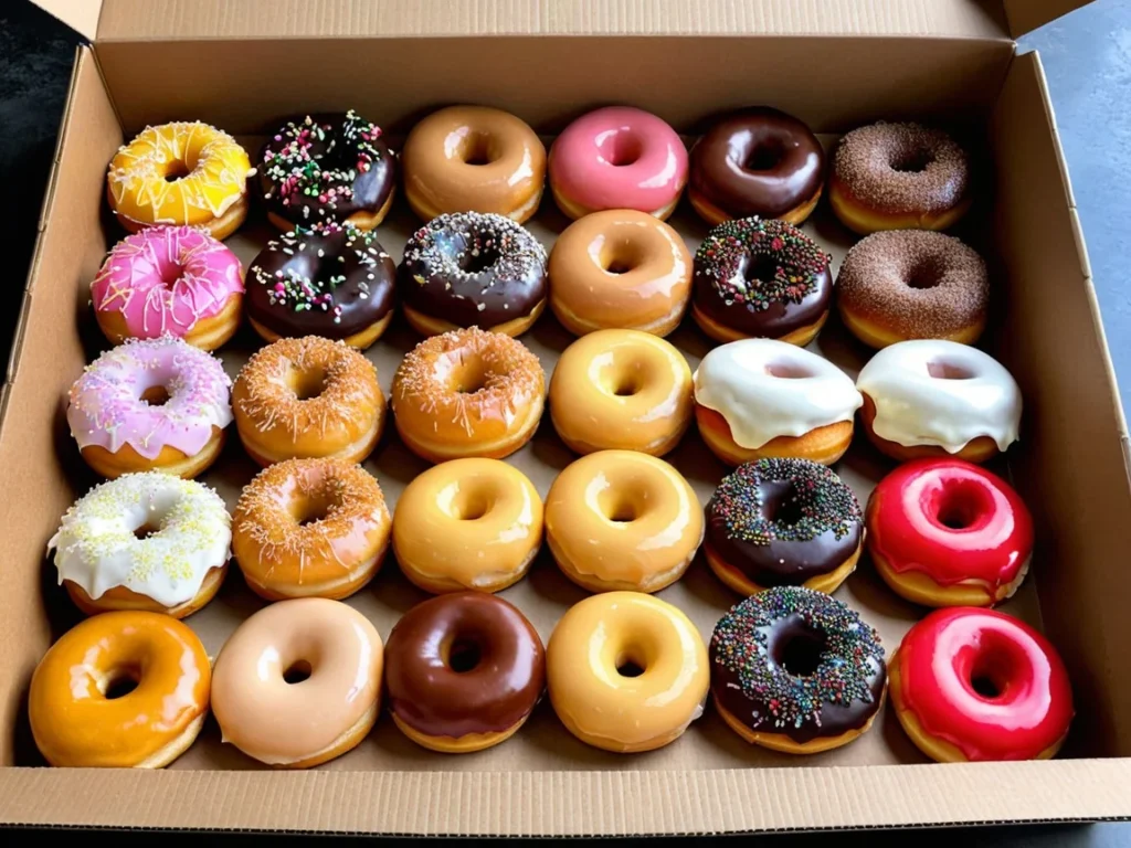 A box of LaMar’s Donuts with a variety of flavors, including filled and frosted options