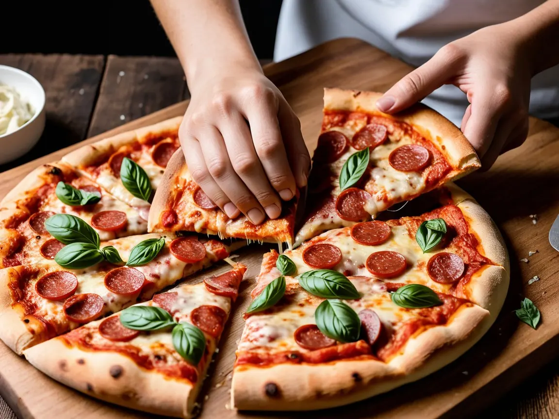 A freshly baked pizza being sliced and served on a wooden board