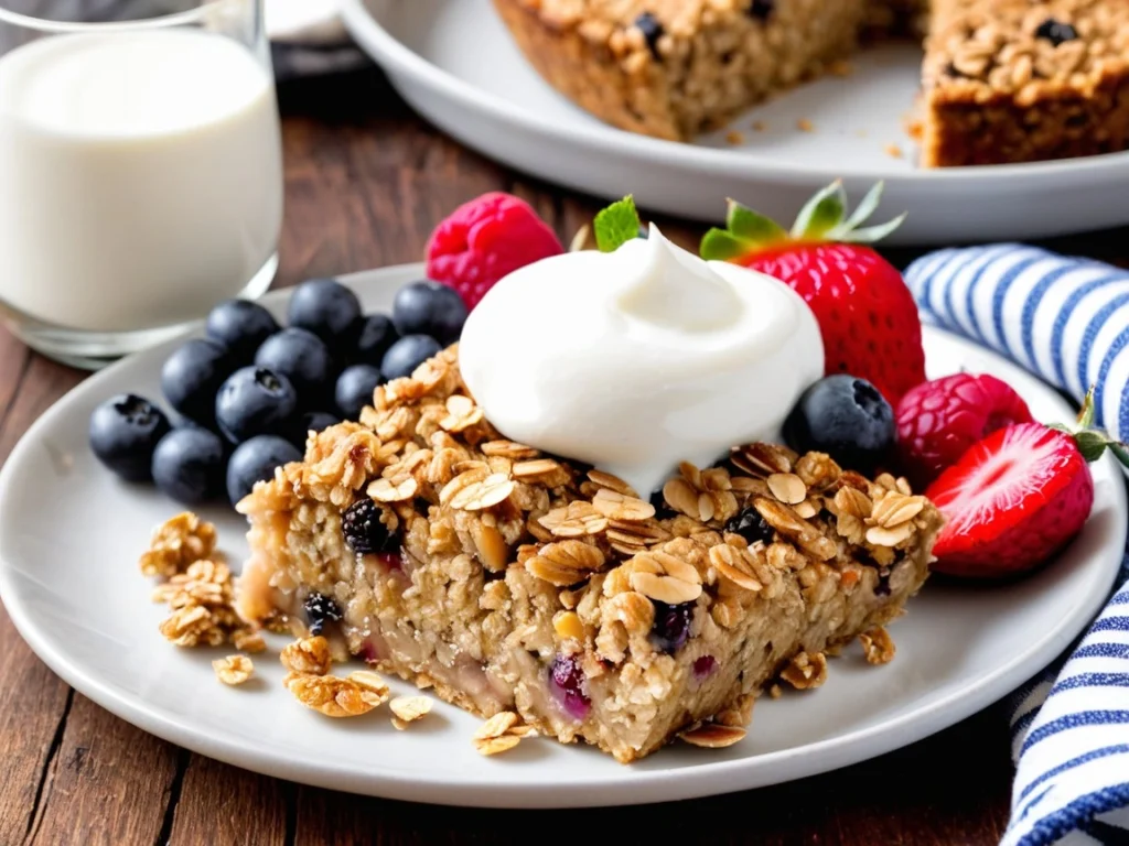 A slice of baked oatmeal served with a dollop of yogurt and fresh fruit on a plate